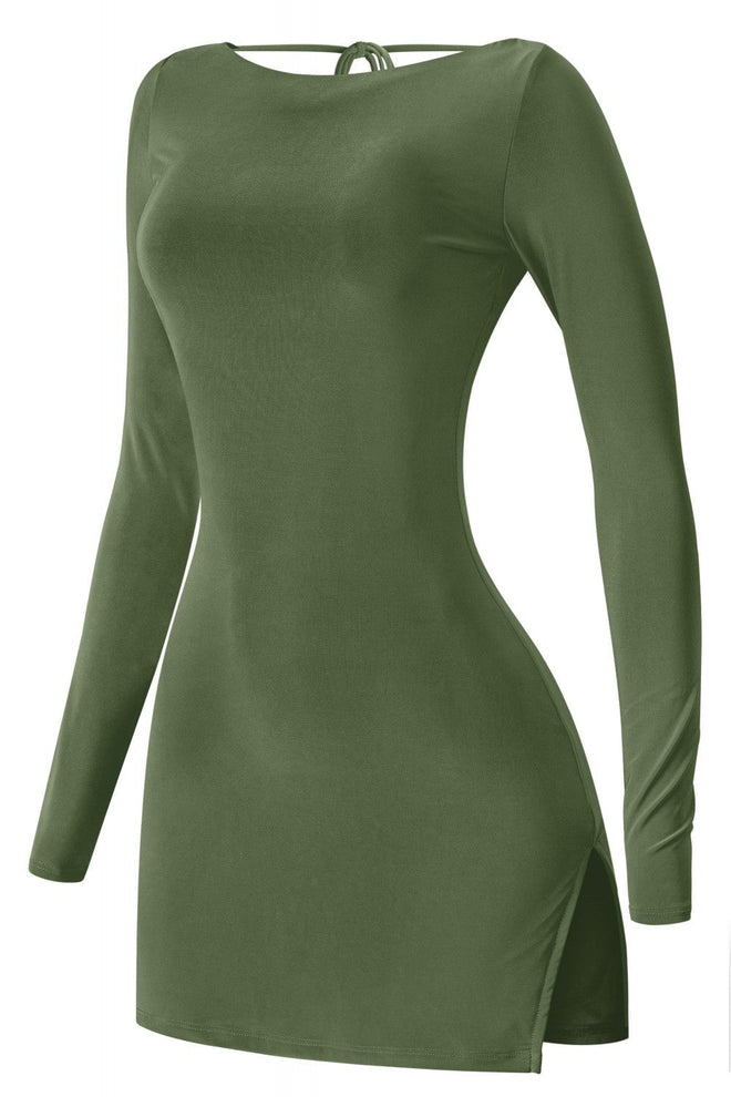 What's It Giving Long Sleeve Open Back Side Slit Mini Dress Olive - Style Delivers