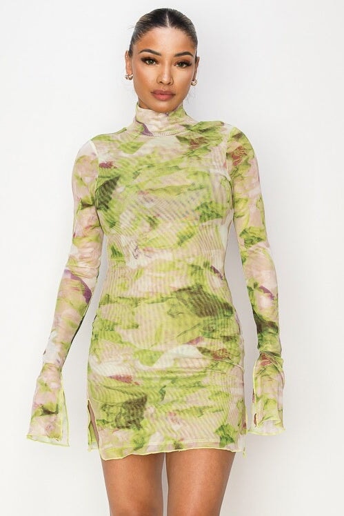 Abstract Mesh High Neck Mini Dress Green - Style Delivers