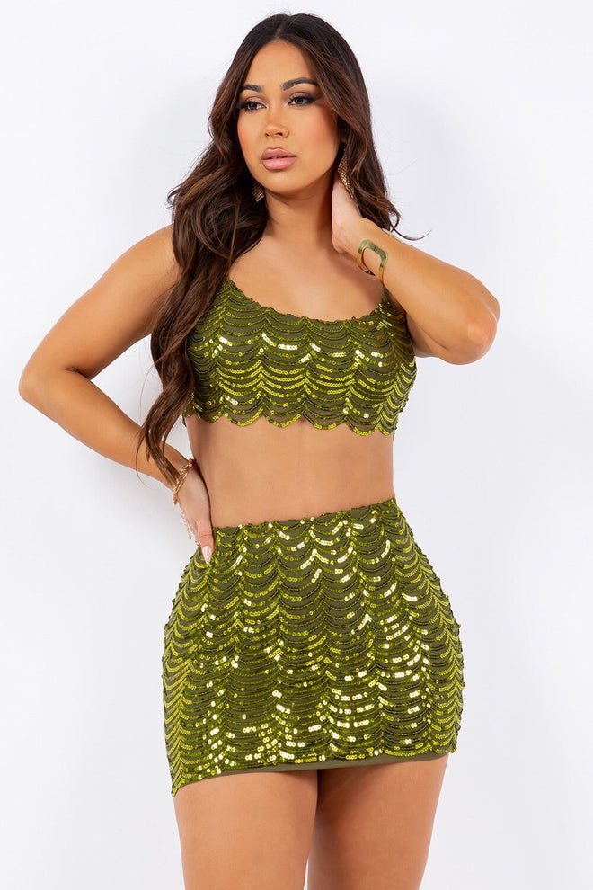Atomic Kitten Scalloped Sequin Two Piece Set Chartreuse - Style Delivers