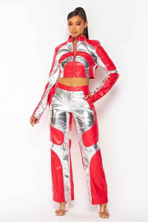 Motorcross Metallic P/U Two Piece Pant Set Red - Style Delivers