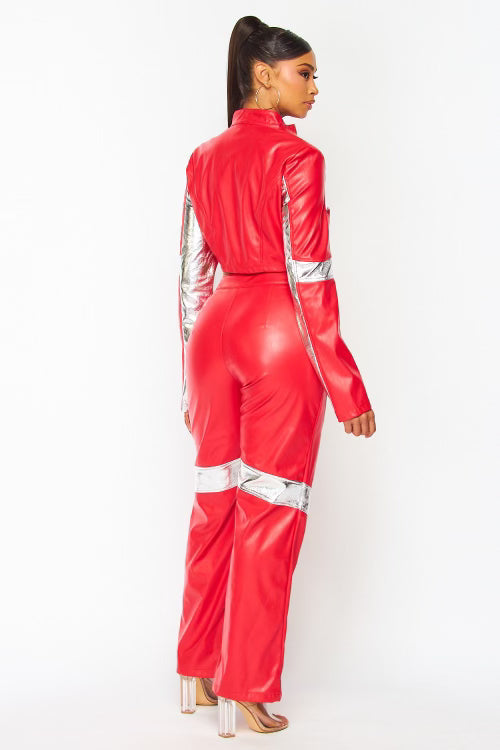 Motorcross Metallic P/U Two Piece Pant Set Red - Style Delivers