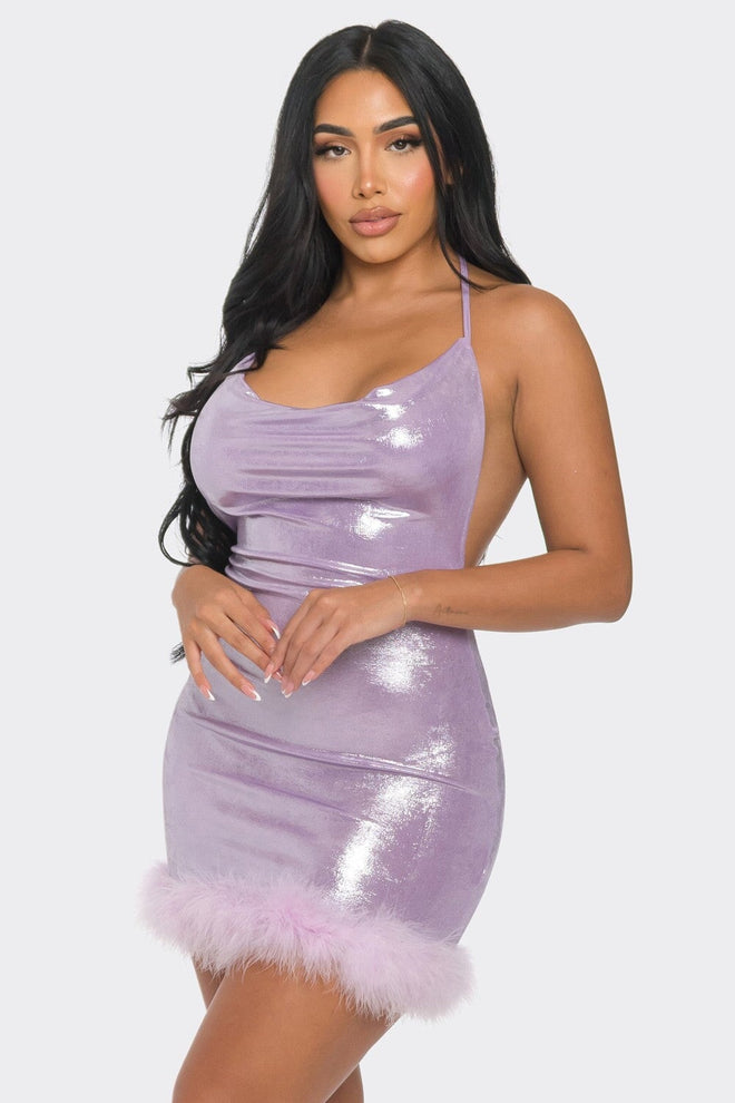 Bad Bunny Faux Fur Trim Halter Mini Dress Lavender - Style Delivers