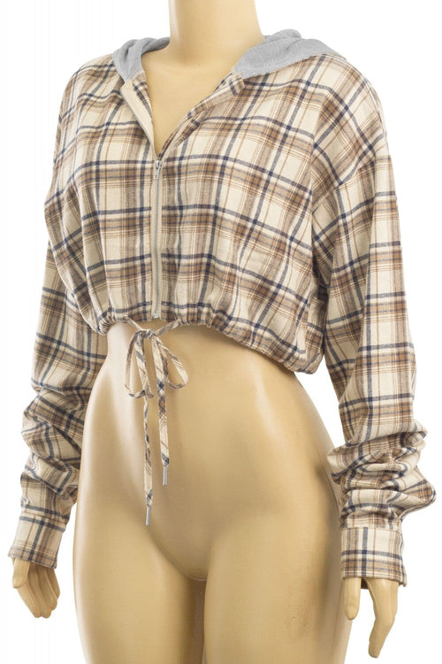 Mad for Plaid Cropped Hoodie Beige - Style Delivers