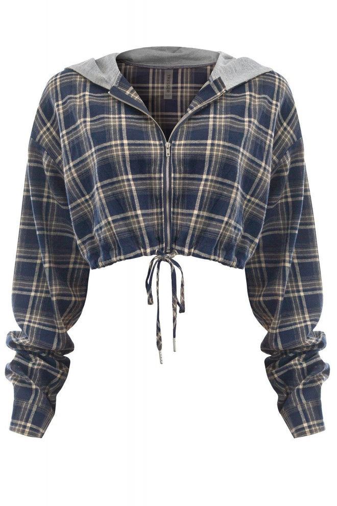 Mad for Plaid Cropped Hoodie Blue - Style Delivers