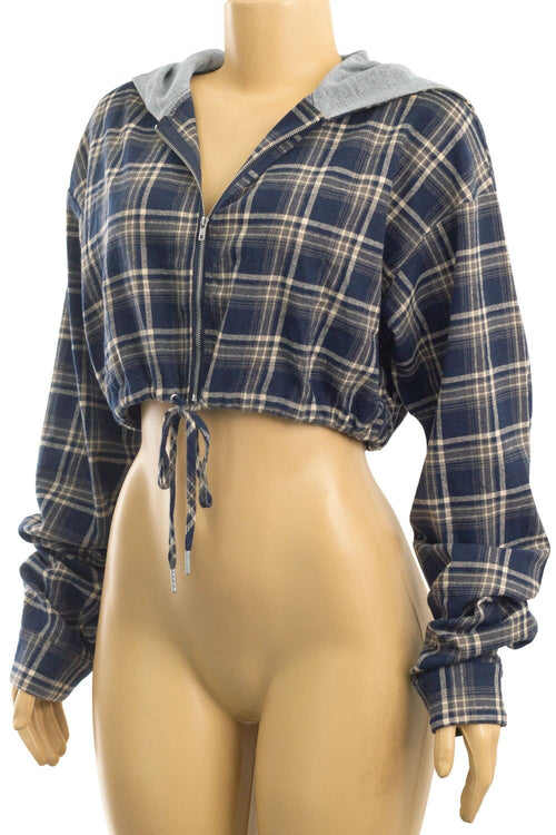 Mad for Plaid Cropped Hoodie Blue - Style Delivers