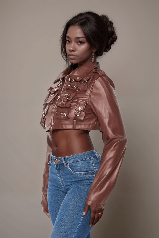 Button Up Cropped P/U Jacket Brown - Style Delivers