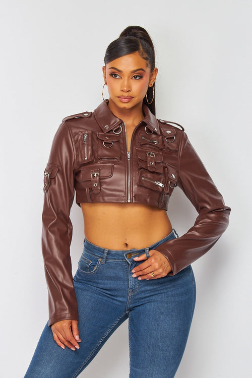 Button Up Cropped P/U Jacket Brown - Style Delivers