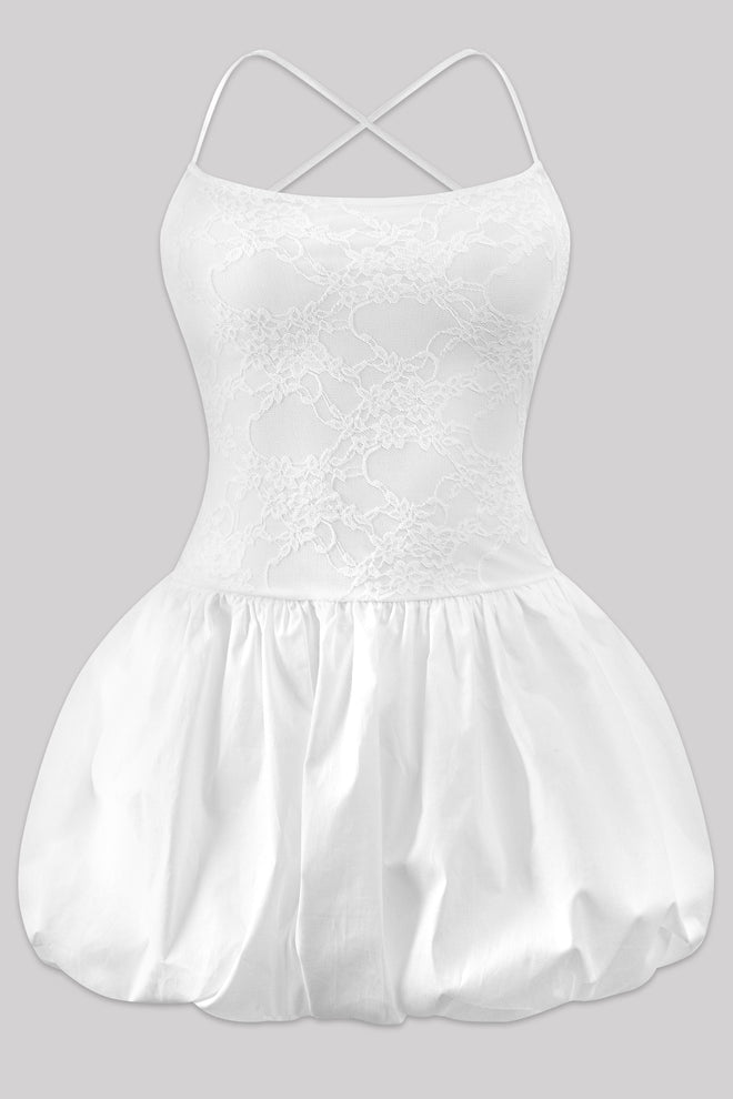 Lucky Girl Lace Bubble Mini Dress White - Style Delivers