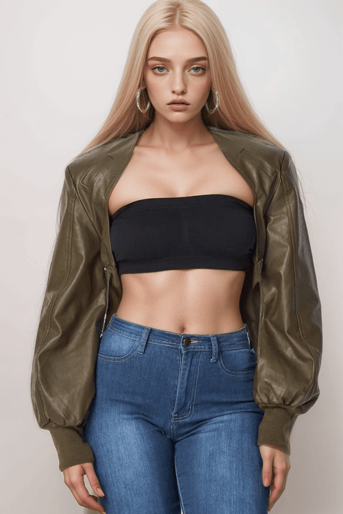 Tara Faux Leather Cropped Jacket Olive - Style Delivers