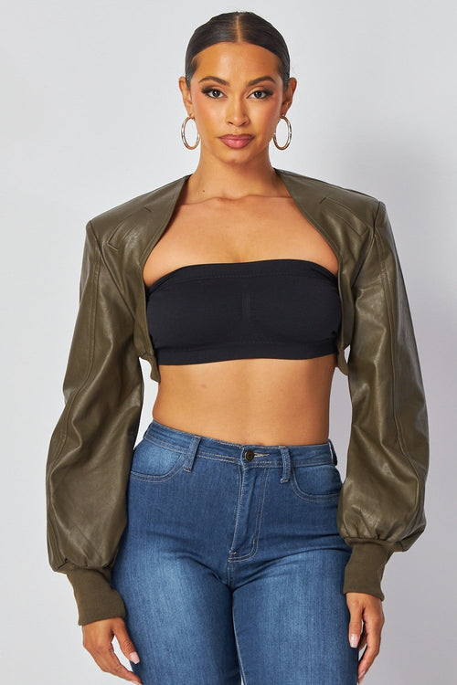 Tara Faux Leather Cropped Jacket Olive - Style Delivers