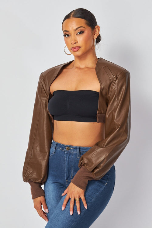 Tara Faux Leather Cropped Jacket Brown - Style Delivers