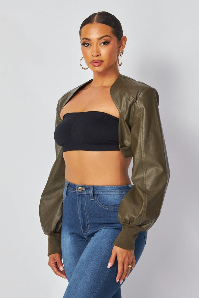 Tara Faux Leather Cropped Jacket Olive - Style Delivers