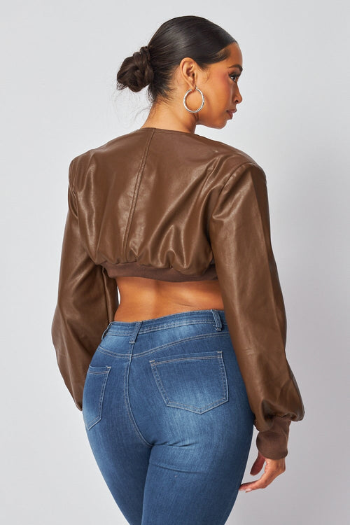 Tara Faux Leather Cropped Jacket Brown - Style Delivers