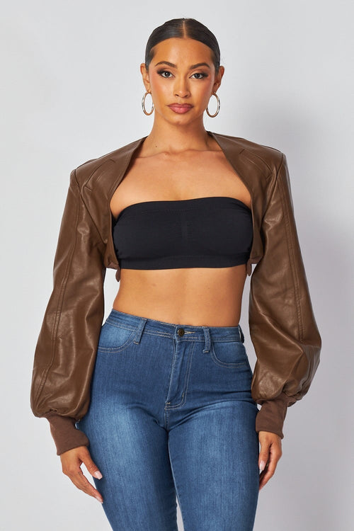 Tara Faux Leather Cropped Jacket Brown - Style Delivers