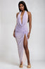 Malika Mesh Ruched Rhinestone Maxi Dress Lilac - Style Delivers
