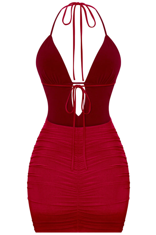 100 Shots Ruched Mini Dress Burgundy - Style Delivers