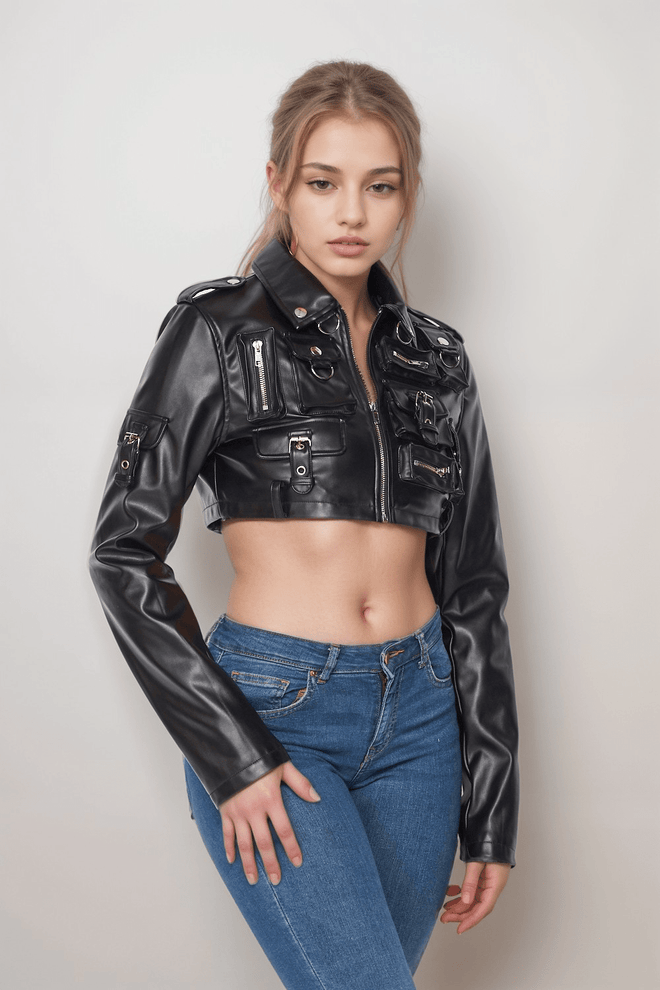 Button Up Cropped P/U Jacket Black - Style Delivers