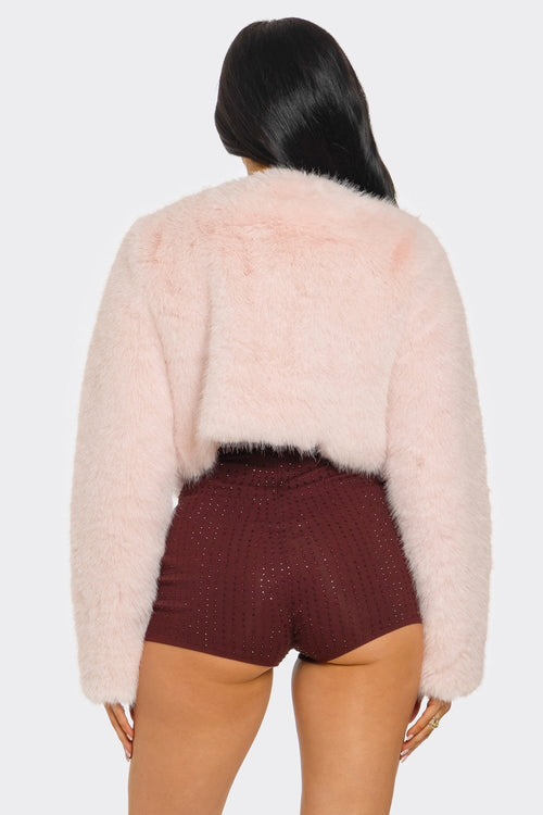 Gossip Girl Crop Faux Fur Jacket Pink - Style Delivers