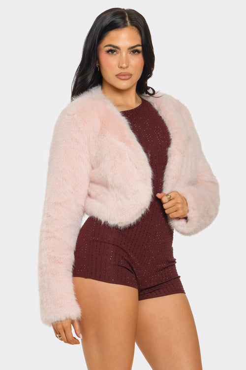 Gossip Girl Crop Faux Fur Jacket Pink - Style Delivers