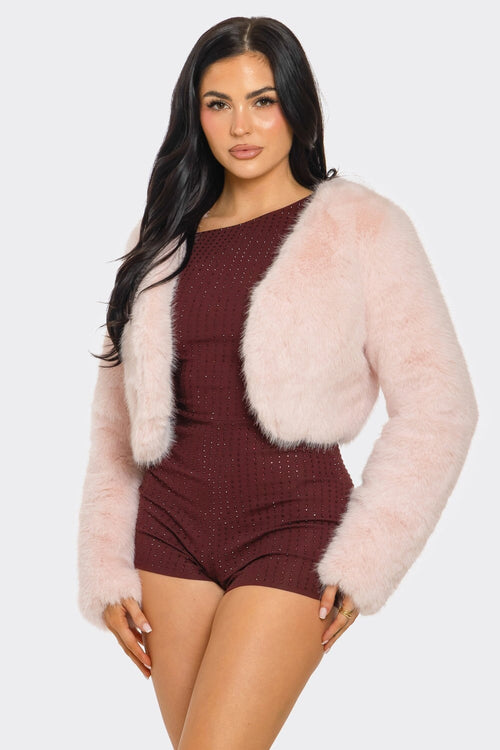 Gossip Girl Crop Faux Fur Jacket Pink - Style Delivers