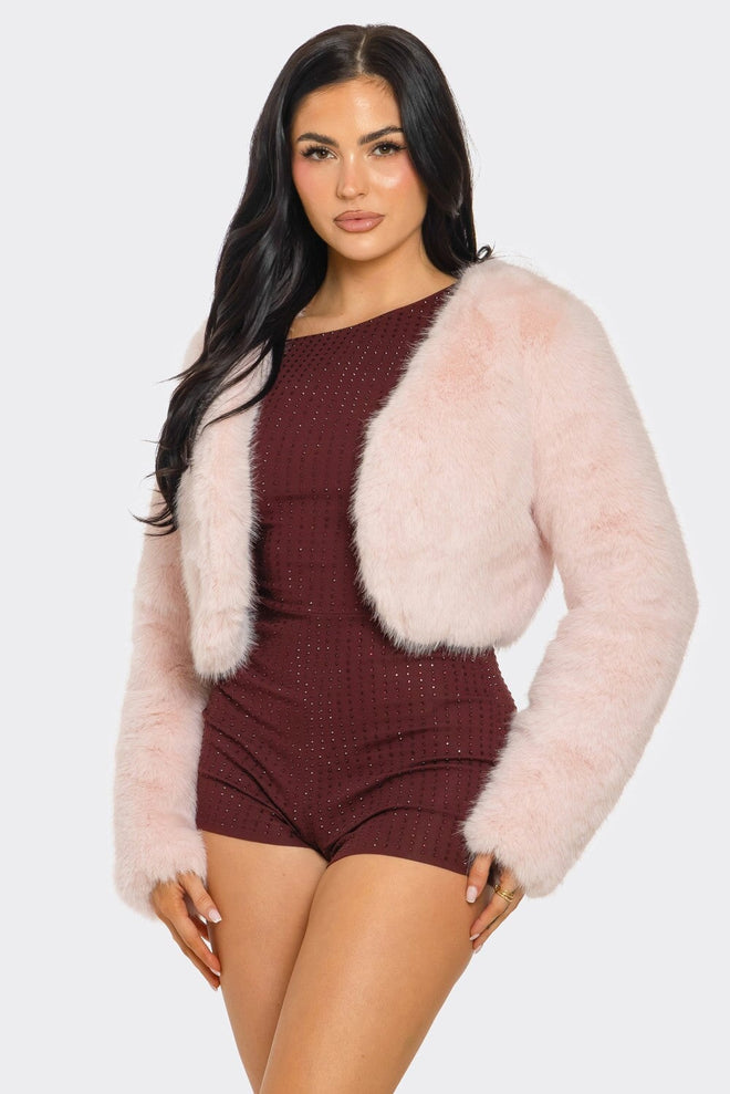 Gossip Girl Crop Faux Fur Jacket Pink Outerwear BEAR DANCE 