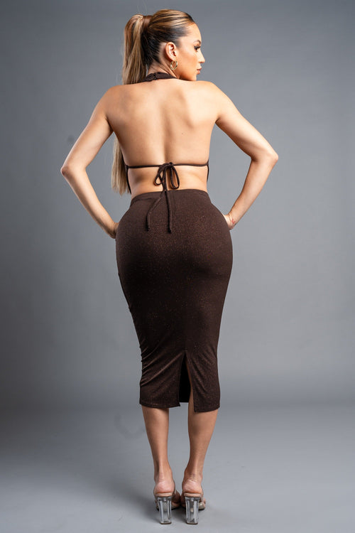 High Roller Cowl Neck Sparkle Midi Dress Dark Brown - Style Delivers