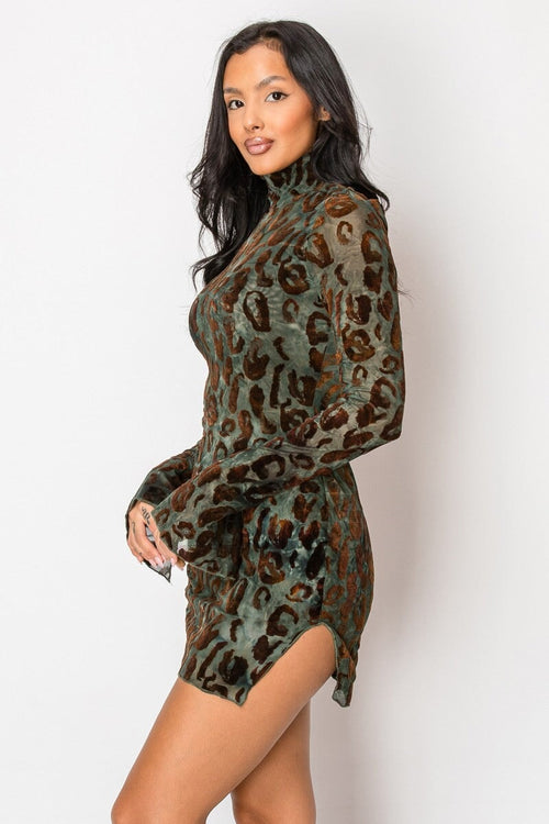 Night Drive Mesh Mock Neck Dress Green - Style Delivers