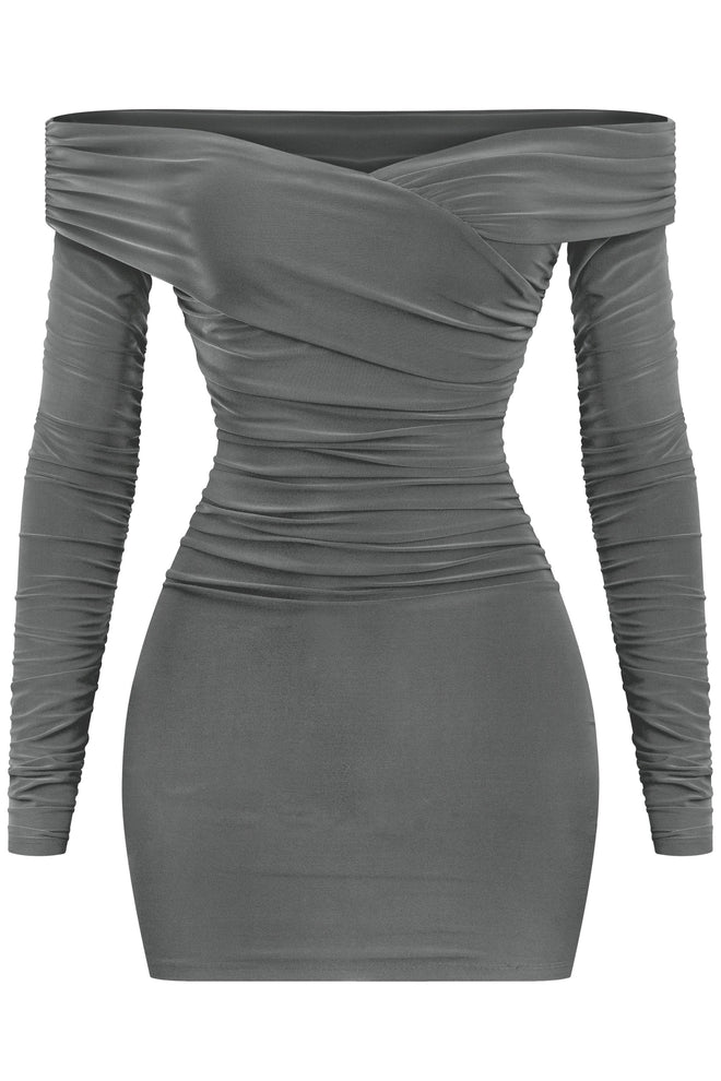 Taste Long Sleeve Off Shoulder Ruched Dress Charcoal - Style Delivers