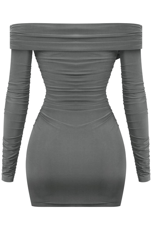 Taste Long Sleeve Off Shoulder Ruched Dress Charcoal - Style Delivers