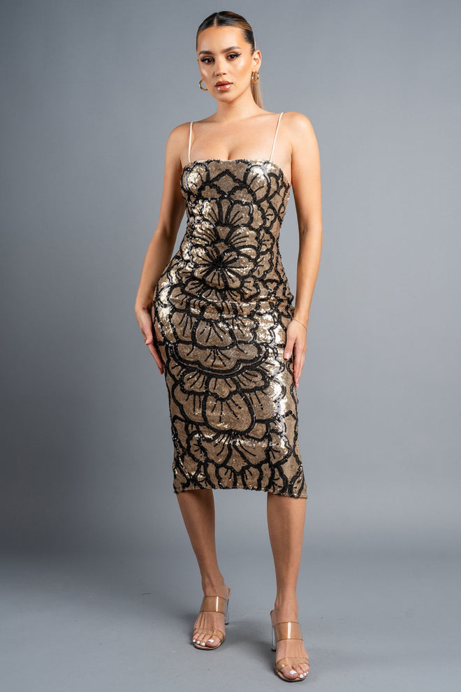 Magic Garden Gold Sequin Midi Dress - Style Delivers