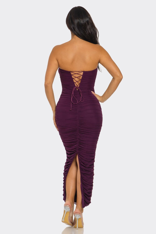 Bodacious Ruched Mesh Midi Dress Plum Dresses BEAR DANCE 