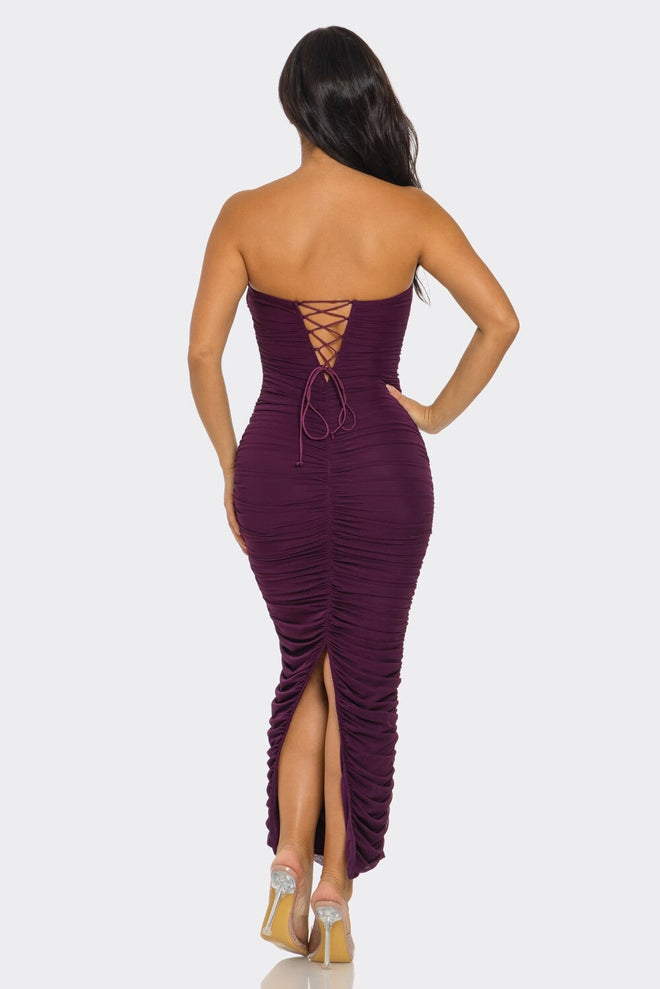 Bodacious Ruched Mesh Midi Dress Plum