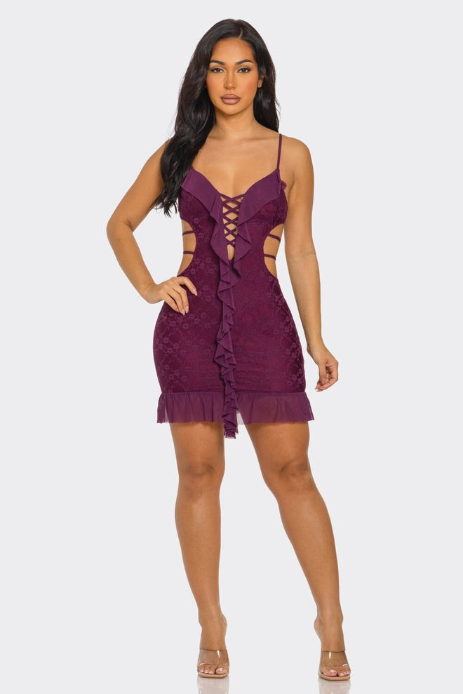 Svetlana Lace Mesh Mini Dress Plum - Style Delivers