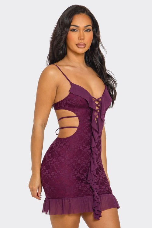 Svetlana Lace Mesh Mini Dress Plum - Style Delivers