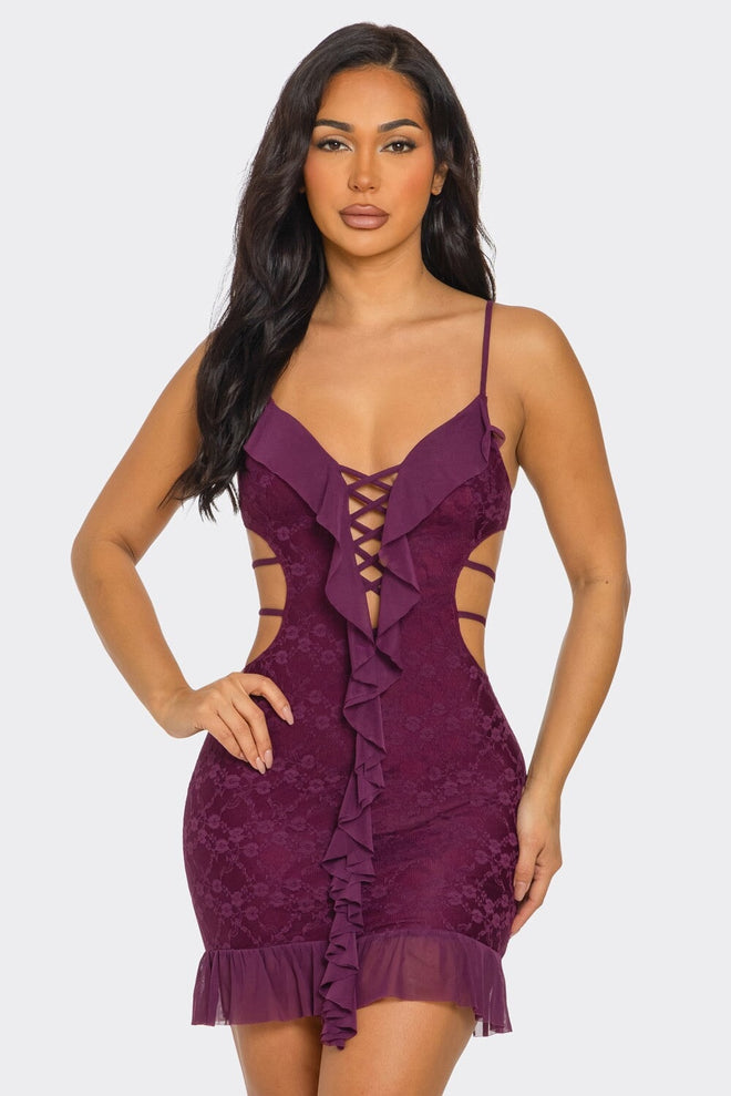 Svetlana Lace Mesh Mini Dress Plum - Style Delivers