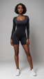 Kimber Long Sleeve Square Neck Romper Black - Style Delivers