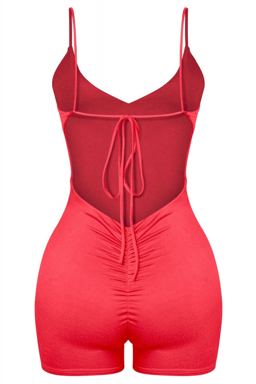 Khandi Sleeveless Spaghetti Open Back Romper Coral - Style Delivers