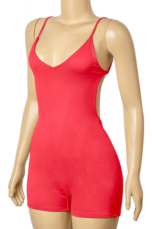 Khandi Sleeveless Spaghetti Open Back Romper Coral - Style Delivers