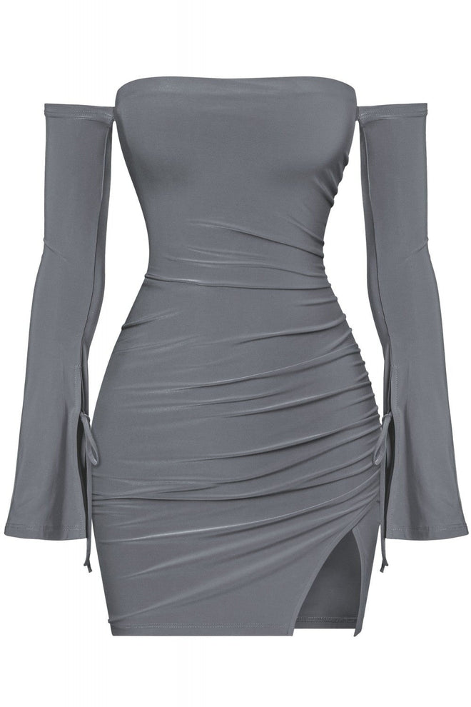 SO FINE STRAPLESS OFF SHOULDER LONG SLEEVE MINI DRESS CHARCOAL - Style Delivers