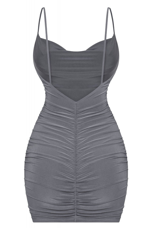 Queen of the Night Ruched Cowl Neck Mini Dress Charcoal Grey - Style Delivers
