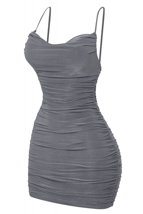 Queen of the Night Ruched Cowl Neck Mini Dress Charcoal Grey - Style Delivers