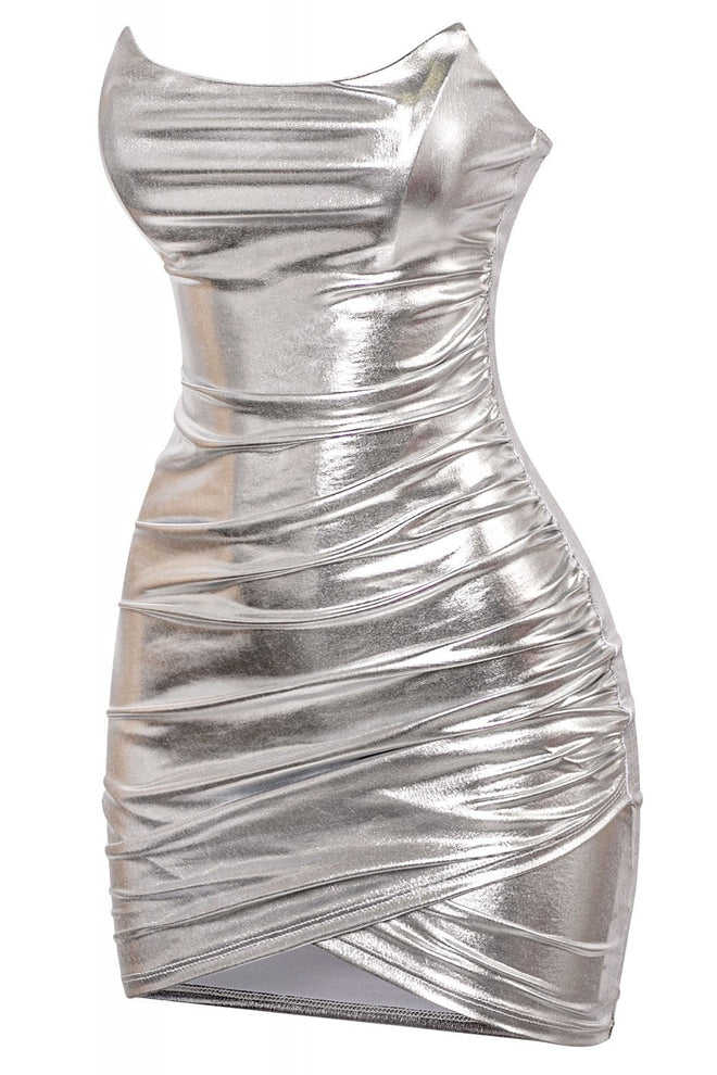 Soiree Strapless Ruched Metallic Mini Dress Silver - Style Delivers