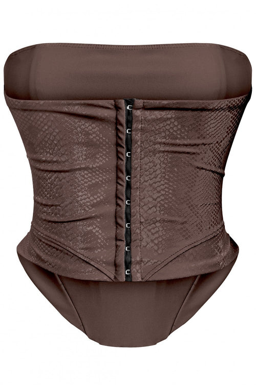 Matte Strapless Snake Print Corset Top Brown - Style Delivers