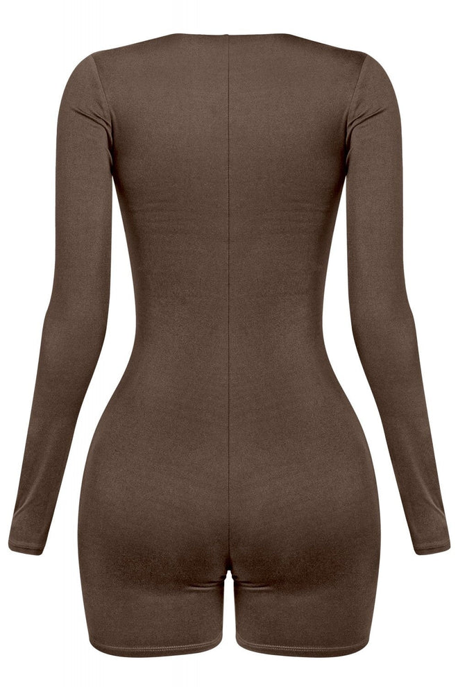Kimber Square Neck Long Sleeve Romper Brown - Style Delivers