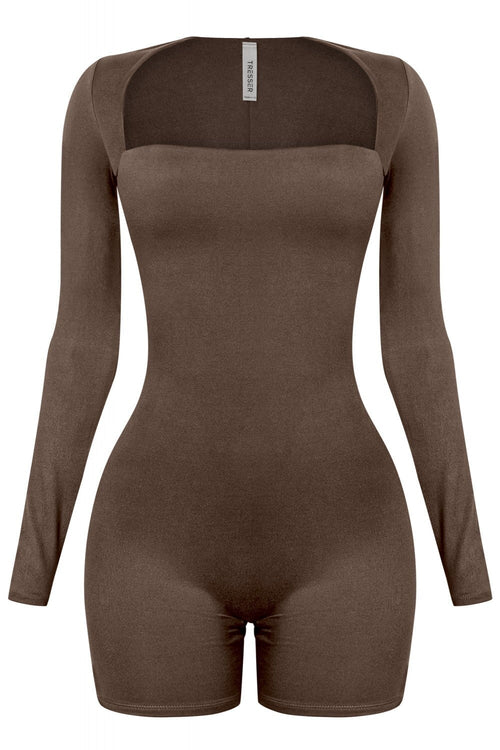 Kimber Square Neck Long Sleeve Romper Brown - Style Delivers