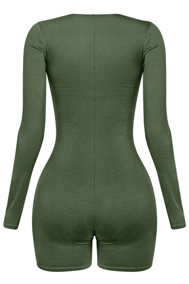Kimber Square Neck Long Sleeve Romper Olive - Style Delivers