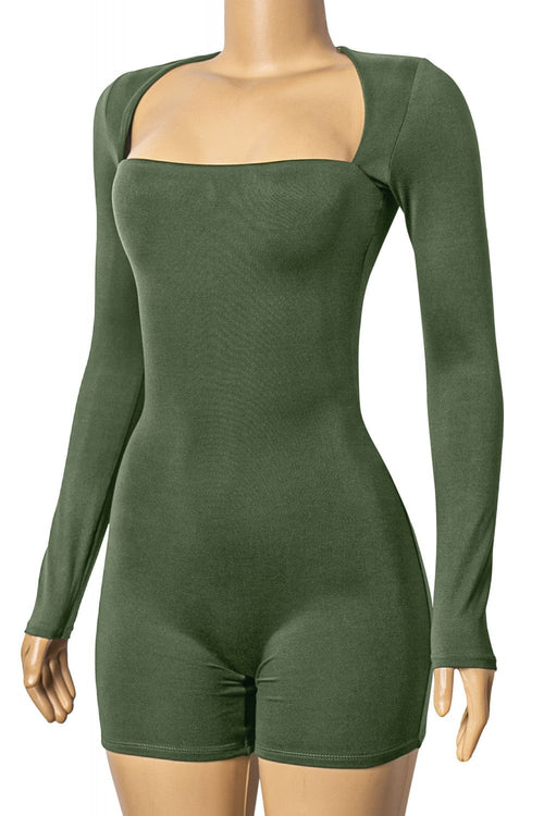 Kimber Square Neck Long Sleeve Romper Olive - Style Delivers