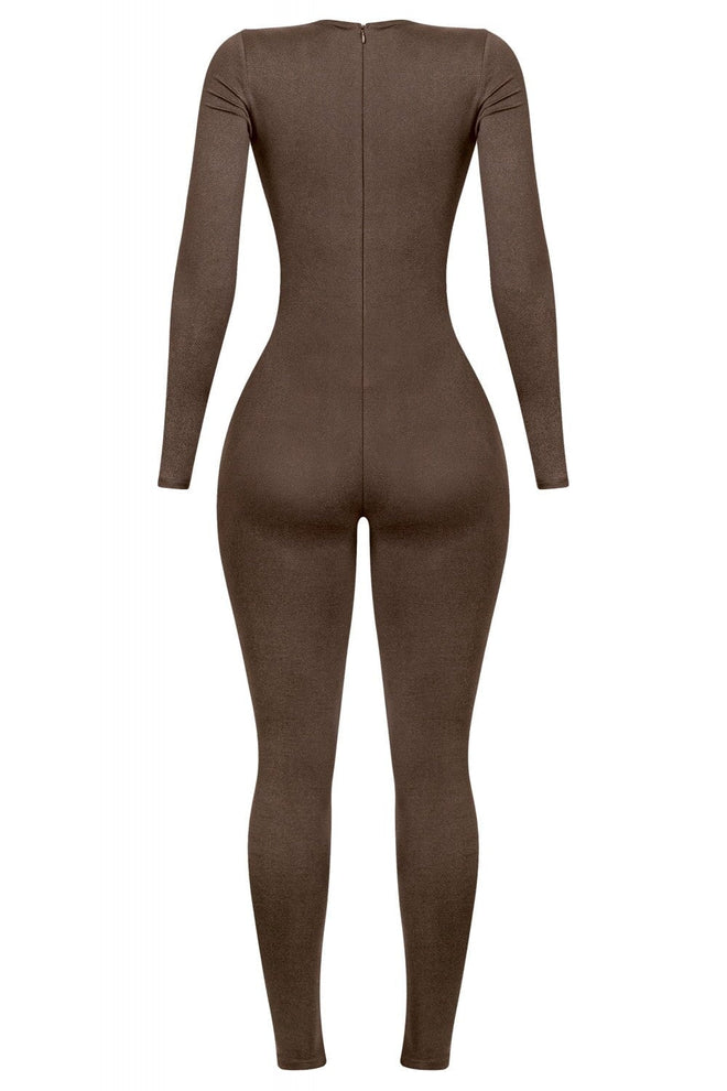 Jazelle Long Sleeve Scoop Neck Jumpsuit Brown - Style Delivers