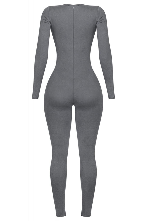 Jazelle Long Sleeve Scoop Neck Jumpsuit Charcoal - Style Delivers