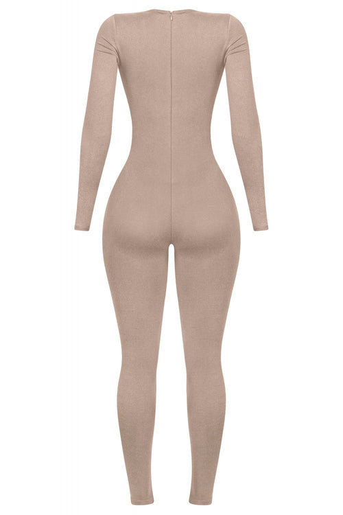 Jazelle Long Sleeve Scoop Neck Jumpsuit Taupe - Style Delivers